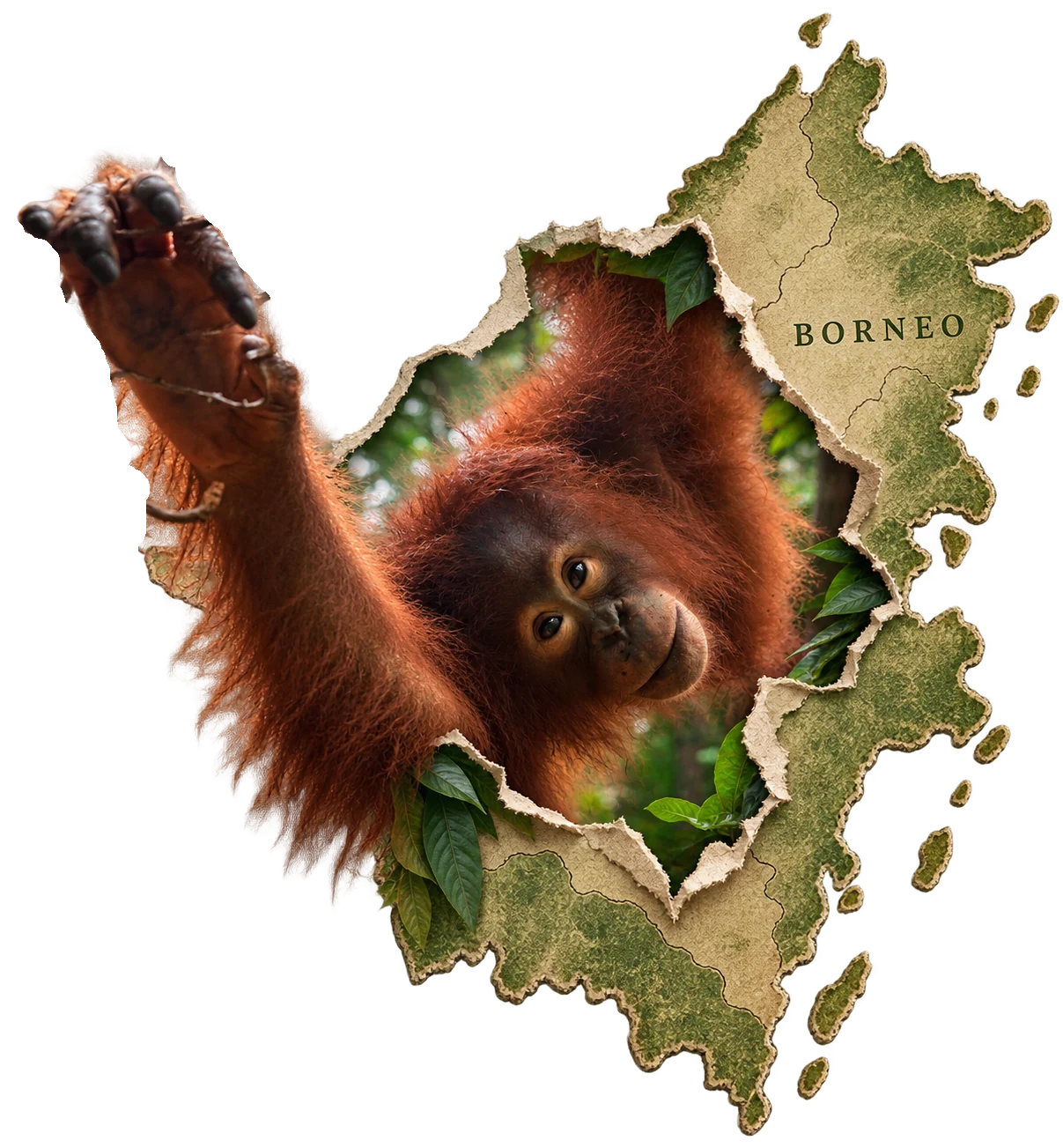 An infant orangutan reaching out through a map of Borneo