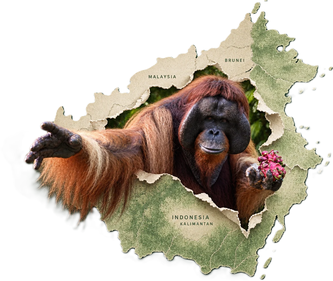 An adult orangutan reaching out through a map of Borneo, with the words People for a wilder tomorrow